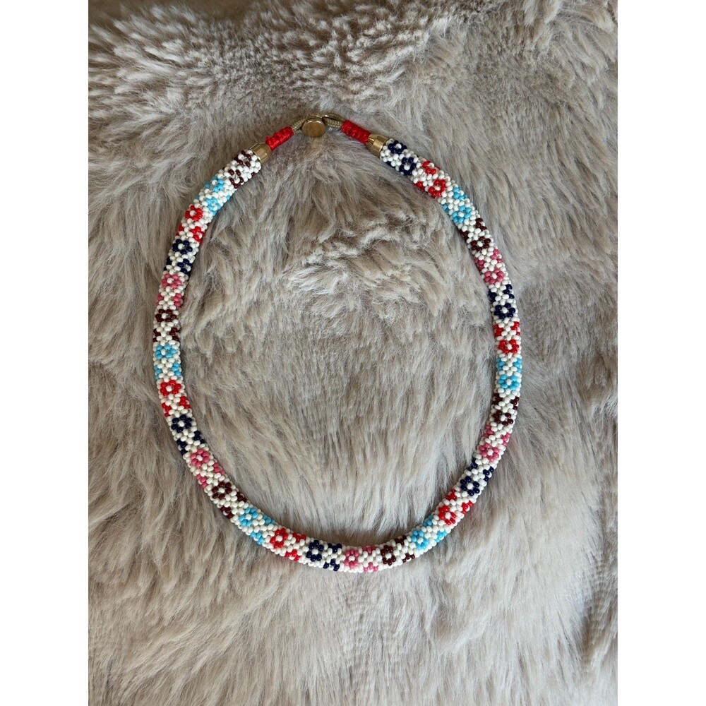 Roxanne Assoulin Beaded Rope Necklace Multicolor Flower Seed Bead Gold NWOT